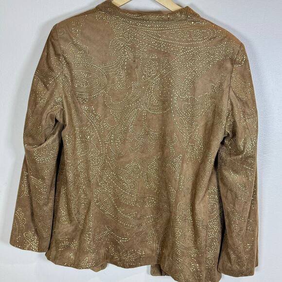 VTG Chicos Blazer Large Vegan Suede Tan embroidered Paisley Bohemian Open Front - Picture 5 of 10